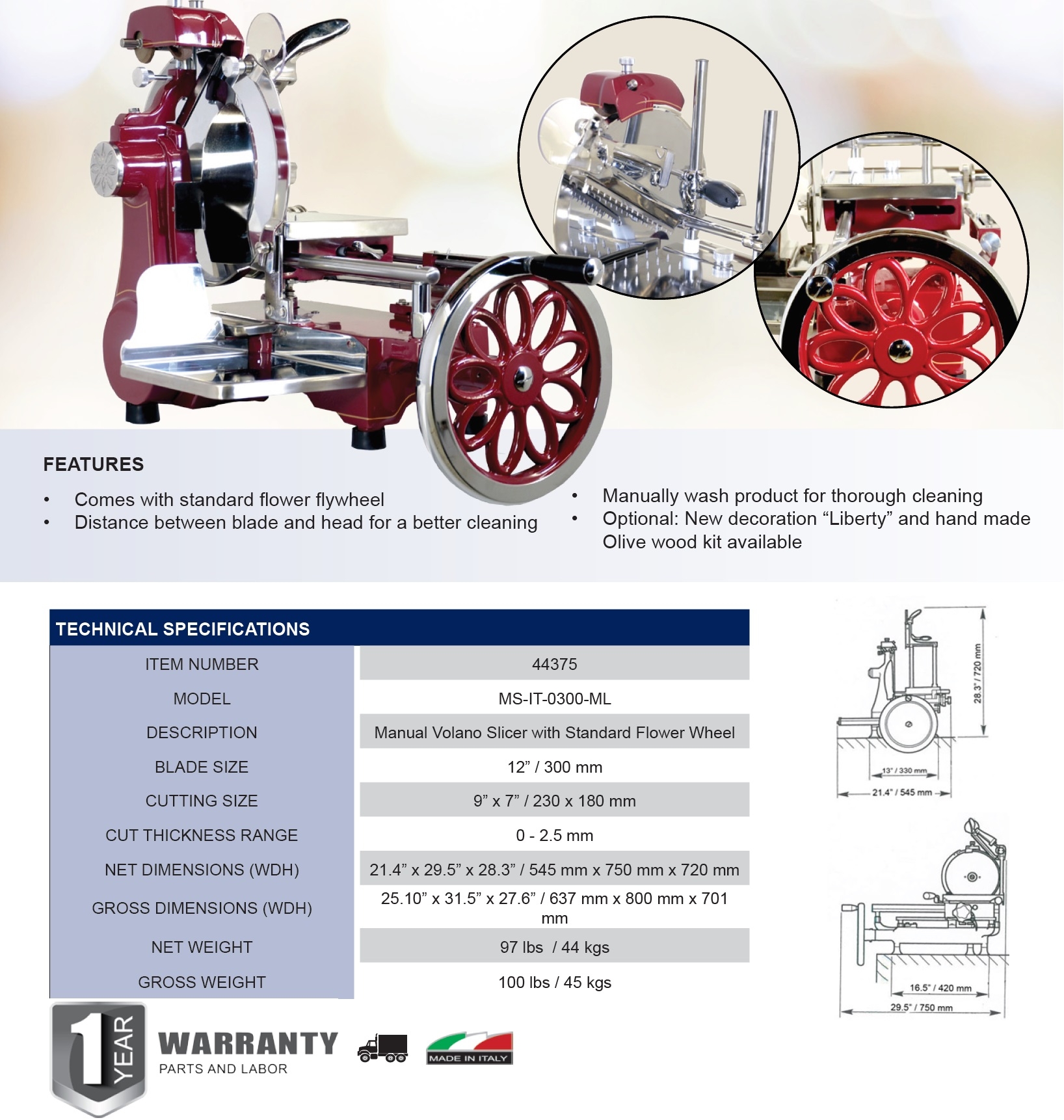 Omcan 26073 Volano 12 Manual Meat Slicer with Flower Wheel