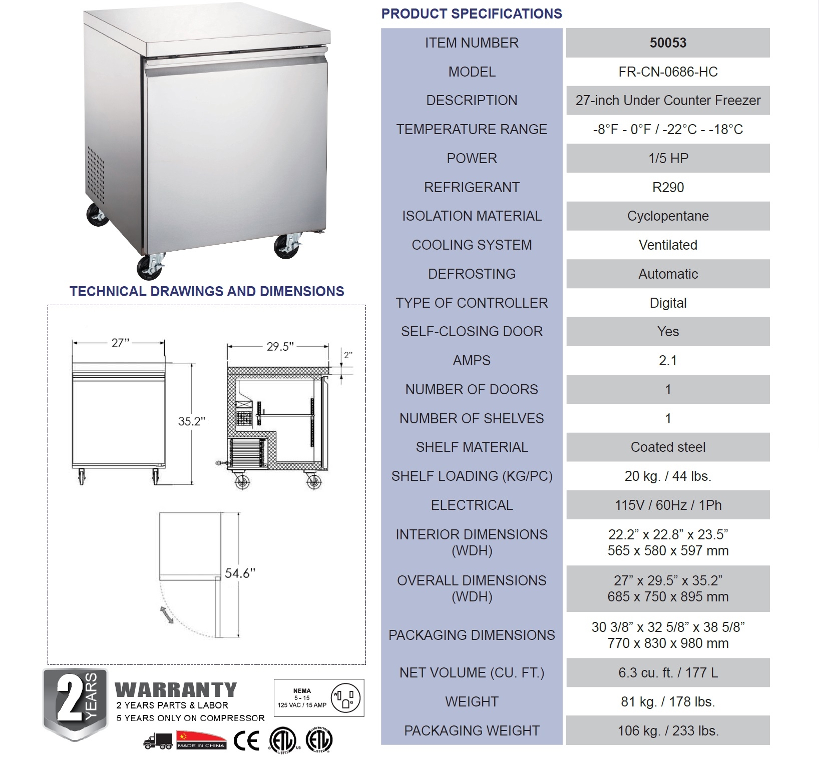 Omcan 47 Under Counter Freezer with 12 Cu. ft. 50055