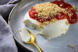 Panna Cotta with Strawberry-Rhubarb Sauce and Crumbled Shortbread