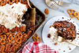 Chocolate, Pecan, and Pretzel Slab Pie with Vanilla Whipped Cream