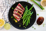Grilled Tuna Steaks with Citrus-Ginger Dipping Sauce and Green Beans