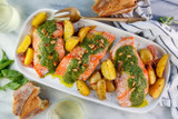 Baked Salmon and Golden Potatoes with Fresh Pesto