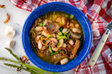 Spring White Bean Soup with Mushrooms, Asparagus and Fried Shallots