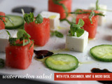 Watermelon Salad with Feta, Cucumber, Mint, and Micro Basil