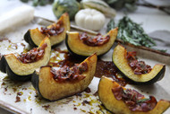 ​Roasted Acorn Squash with Cinnamon, Maple Syrup, Butter, Bacon and Rosemary