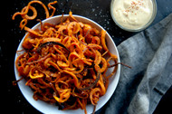 ​Roasted Spiralized Sweet Potatoes with Dijon Dipping Sauce