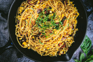 Bucatini alla Carbonara with Grilled Corn, Bacon, & Basil