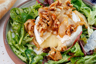 Caramelized Pears with Brie and Walnuts over Mixed Baby Greens