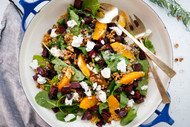 Winter Beet Salad with Baby Greens, Goat Cheese, Farro, Oranges, Walnuts, and Honey Tarragon