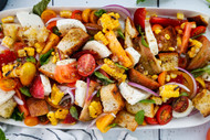 Heirloom Tomato Panzanella with Fresh Basil, Red Plums, and Grilled Corn