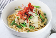 Homemade Fettuccine with Crispy Prosciutto, Peas, Mushrooms, and Asparagus