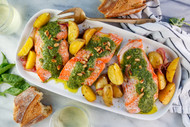 Baked Salmon and Golden Potatoes with Fresh Pesto