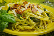 Spring Pasta with Asparagus, Lemon Pesto and Crispy Shallots 