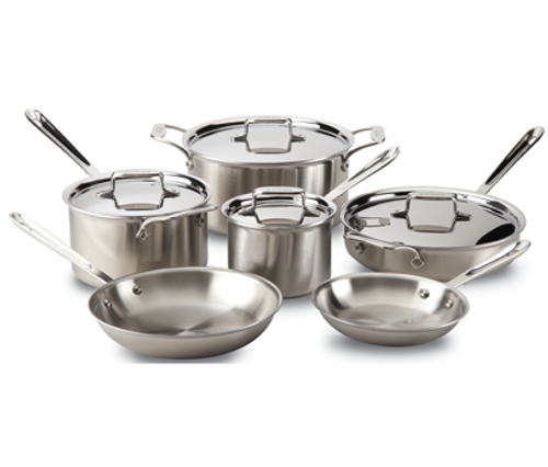 All Clad - 10 Pc D5 Brushed Stainless Cookware Set, 5-Ply Bonded Cookware, Made in USA