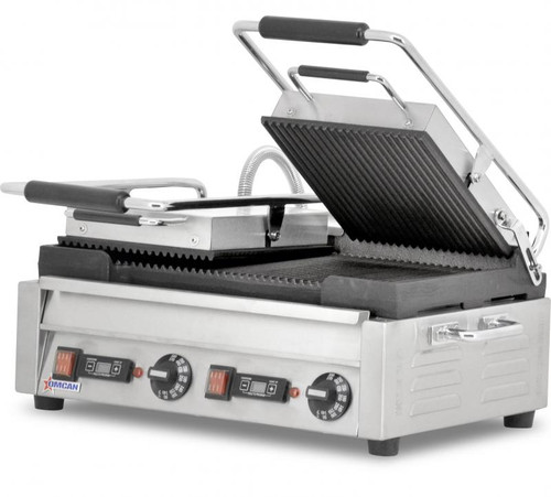 Omcan - 10" X 18" Double Panini Grill With Top And Bottom Grooved Grill Surface With Timer - 42914