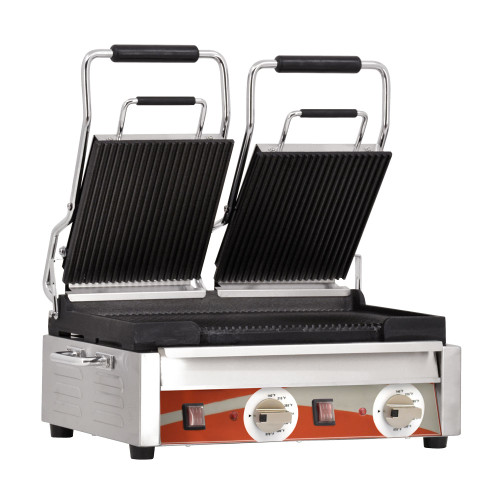 Omcan - 10" X 18" Double Panini Grill With Top And Bottom Grooved Grill Surface - 19937