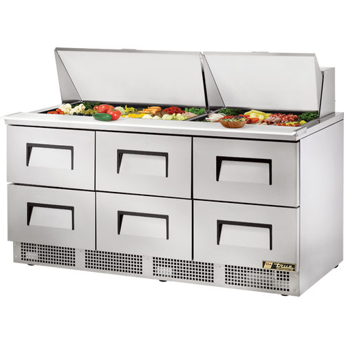 True - 72" Refrigerated Prep Table w/ 6 Drawers & 30 Pans - TFP-72-30M-D-6