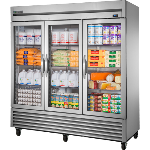 True - T-Series 78" Stainless Steel Refrigerator w/ 3 Glass Swing Doors - T-72G-HC-FGD01