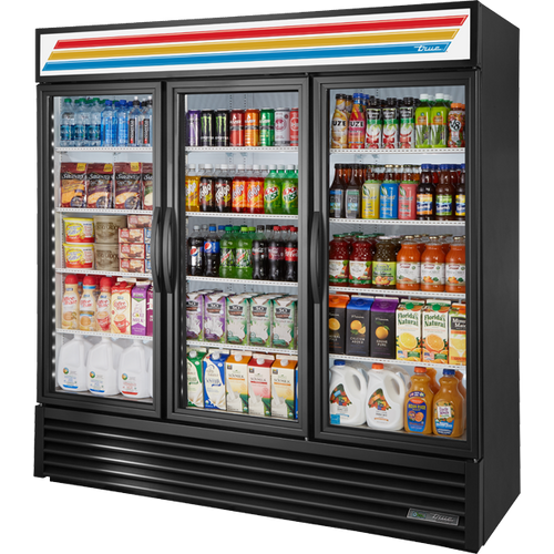 True - 78" Black Refrigerated Merchandiser w/ 3 Glass Swing Doors - GDM-72-HC~TSL01