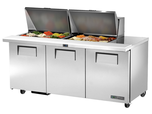 True - 72" Mega Top Refrigerated Prep Table w/ 3 Doors & 24 Pans - TSSU-72-24M-B-ST-HC