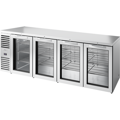 True - 108" Stainless Steel Back Bar Refrigerator w/ 4 Glass Swing Doors - TBR108-RISZ1-L-S-GGGG-1