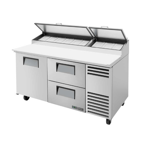 True - 67" Stainless Steel Pizza Prep Table w/ 1 Door / 2 Drawers & 9 Pans - TPP-AT-67D-2-HC