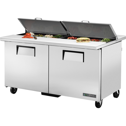 True - 60" Dual-Sided Refrigerated Prep Table w/ 2 Solid Flat Lids / 2 Doors & 16 Pans - TSSU-60-16-DS-ST-HC