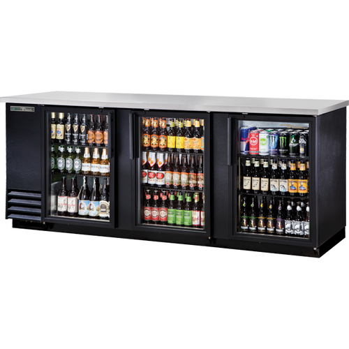 True - 90" Black Back Bar Refrigerator w/ 3 Glass Swing Doors - TBB-4G-HC-LD