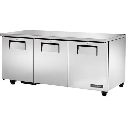 True - 72" Stainless Steel Undercounter Refrigerator w/ 3 Solid Swing Doors - TUC-72-HC