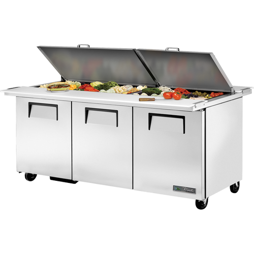 True - 72" Refrigerated Prep Table w/ 2 Solid Flat Lids / 3 Doors & 30 Pans - TSSU-72-30M-B-DS-ST-HC