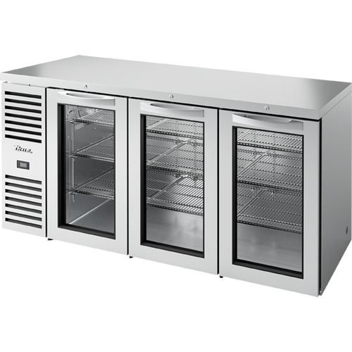 True - 72" Stainless Steel Back Bar Refrigerator w/ 3 Glass Swing Doors - TBR72-RISZ1-L-S-GGG-1
