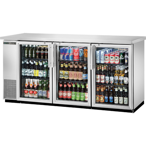 True - 73" Stainless Steel Back Bar Refrigerator w/ 3 Glass Swing Doors - TBB-24-72G-S-HC-LD