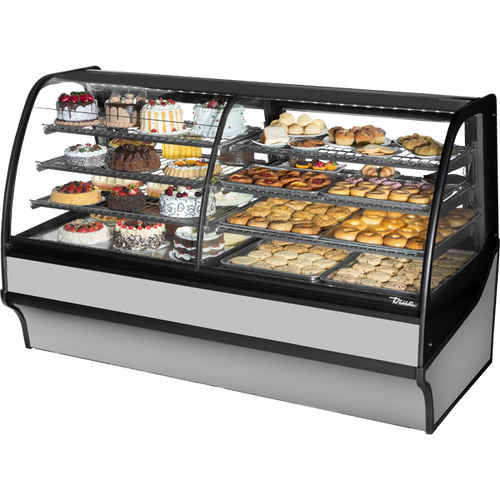 True - 77" Stainless Steel Dual Zone Curved Glass Refrigerated Display Case w/ Stainless Interior - TDM-DZ-77-GE/GE-S-S