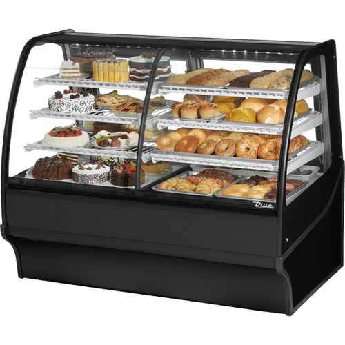 True - 59" Black Dual Zone Curved Glass Refrigerated Display Case w/ White Interior - TDM-DZ-59-GE/GE-B-W