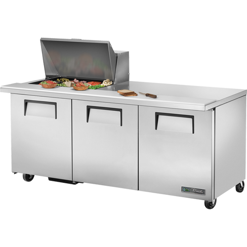 True - 72" Refrigerated Prep Table w/ 3 Doors & 12 Pans - TSSU-72-12M-B-HC