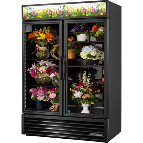 True - 54" Black Floral Refrigerator w/ 2 Glass Swing Doors - GDM-49FC-HC-TSL01