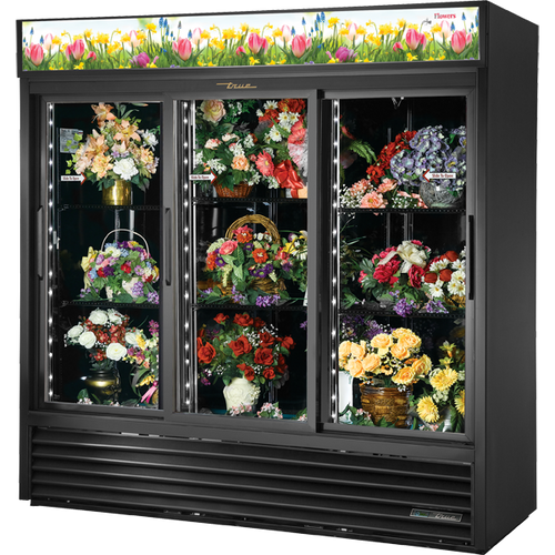 True - 78" Black Floral Refrigerator w/ 3 Glass Sliding Doors - GDM-69FC-HC-LD