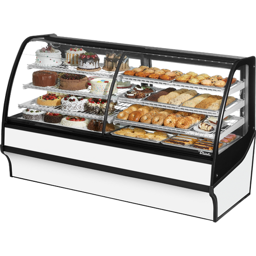 True - 77" White Dual Zone Curved Glass Refrigerated Display Case w/ White Interior - TDM-DZ-77-GE/GE-W-W