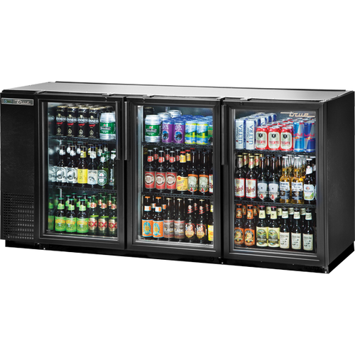 True - 72" Black Undercounter Back Bar Refrigerator w/ 3 Glass Swing Doors - TBB-24GAL-72G-HC-LD