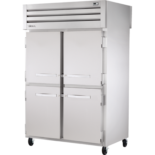 True - Spec Series 52" Pass-Thru Stainless Steel Refrigerator w/ Solid Half Front & Glass Back Swing Doors - STR2RPT-4HS-2G-HC