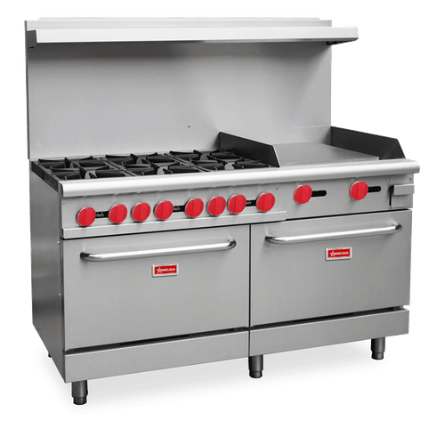 Omcan - 60" Natural Gas Range w/ 6 Burners, 2 Ovens & Griddle - 46028