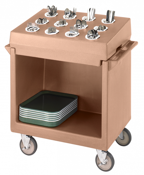 Cambro TDCR12157 Coffee Beige Tray and Dish Cart with Cutlery Rack and Protective Vinyl Cover