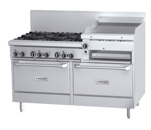 Garland - GF Series 60" Liquid Propane Range w/ 2 Standard Ovens, 6 Open Burners, 24" Raised Griddle/Broiler & Electric Spark Ignition 115V - GFE60-6R24RR