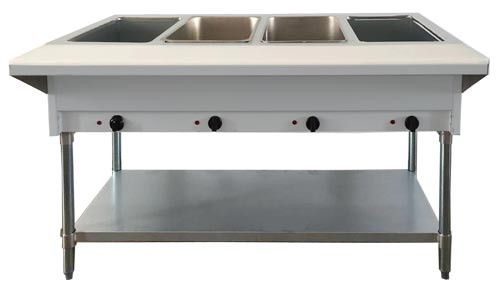 Omcan - 58″ 4 Pan Open Well Electric Steam Table w/ Cutting Board & Adjustable Undershelf - 46647