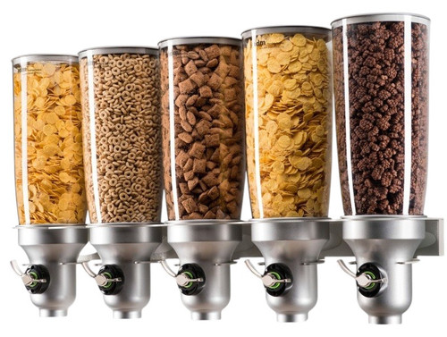 Cal Mil - 31" Turn N Serve Platinum Wall Mount Free Flow 5-Canister Cereal Dispenser - 3518539FF