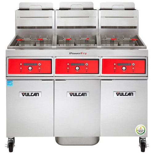 Vulcan - TR Series 210 lb PowerFry3 Natural Gas Floor Fryer w/ Digital Controls, 3 Tanks & KleenScreen Filtration - 3TR65DF