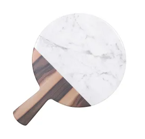 Elite Global Solutions - Sierra 12" Hickorywood Carrara Marble Round Serving Board W/ 5" Handle (6 Per Case) - M12RWM-HWC