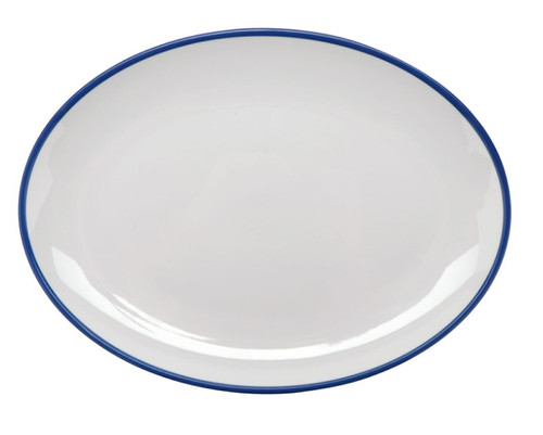 G.E.T - Settlement Bistro 12.25" x 9" White W/ Blue Trim Oval Dinner Plate (12 Per Case) - OP-1291-W/CB