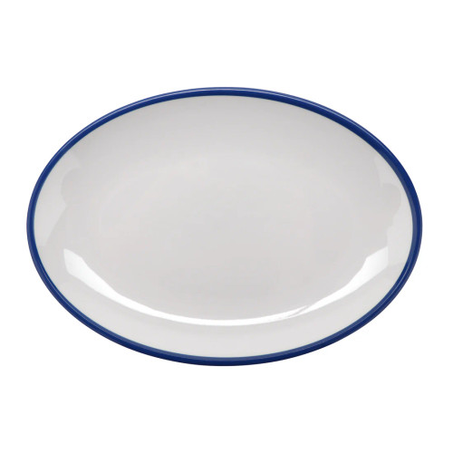 G.E.T - Settlement Bistro 9" x 6.25" White W/ Blue Trim Oval Dinner Plate (24 Per Case) - OP-960-W/CB
