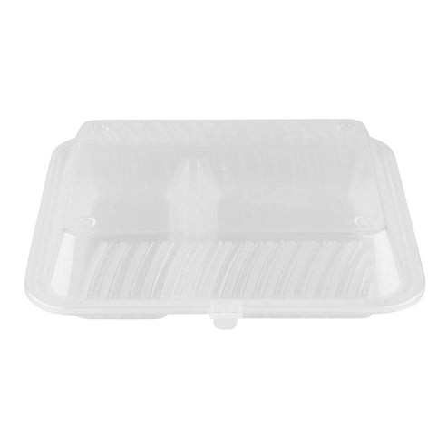 G.E.T - Eco-Takeouts 10" x 8" Clear Polypropylene 2-Compartment Reusable Food Container W/ Snap Closure (12 Per Case) - EC-12-1-CL